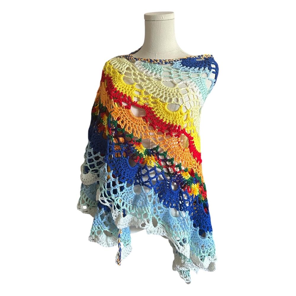 Handmade Crochet Shawl Rainbow Lace Wrap Boho Festival Colorful Open Knit Shawl - Picture 5 of 11